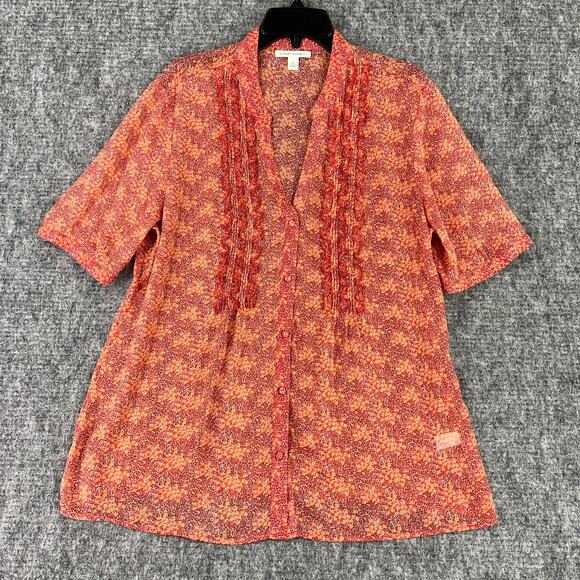 Banana Republic Top Womens XL Sheer Ruffles Button Up Drapey Cottagecore Peasant - Picture 1 of 8